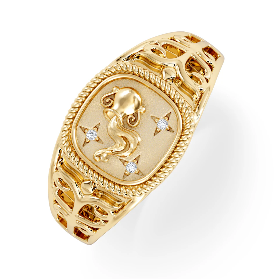 Aquarius Zodiac 0.01ct Lab Diamond Signet Ring in 18K Gold Vermeil