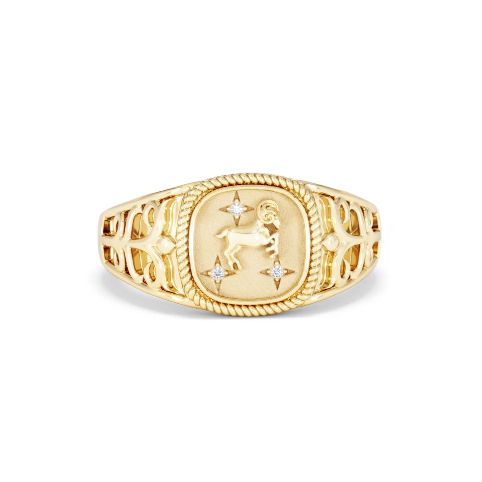 Aries Zodiac 0.01ct Lab Diamond Signet Ring in 18K Gold Vermeil