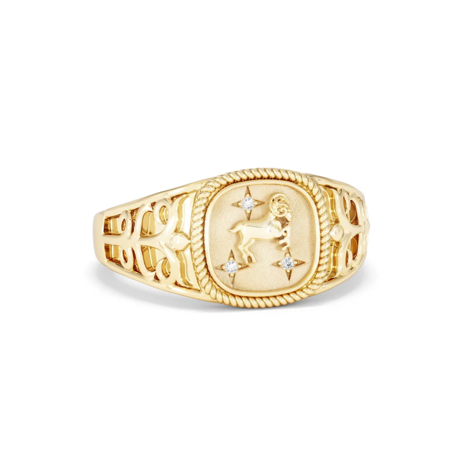 Aries Zodiac 0.01ct Lab Diamond Signet Ring in 18K Gold Vermeil