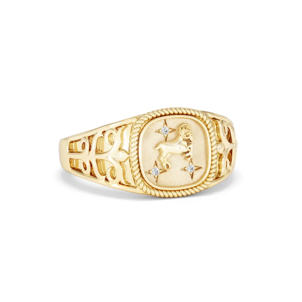 Aries Zodiac 0.01ct Lab Diamond Signet Ring in 18K Gold Vermeil
