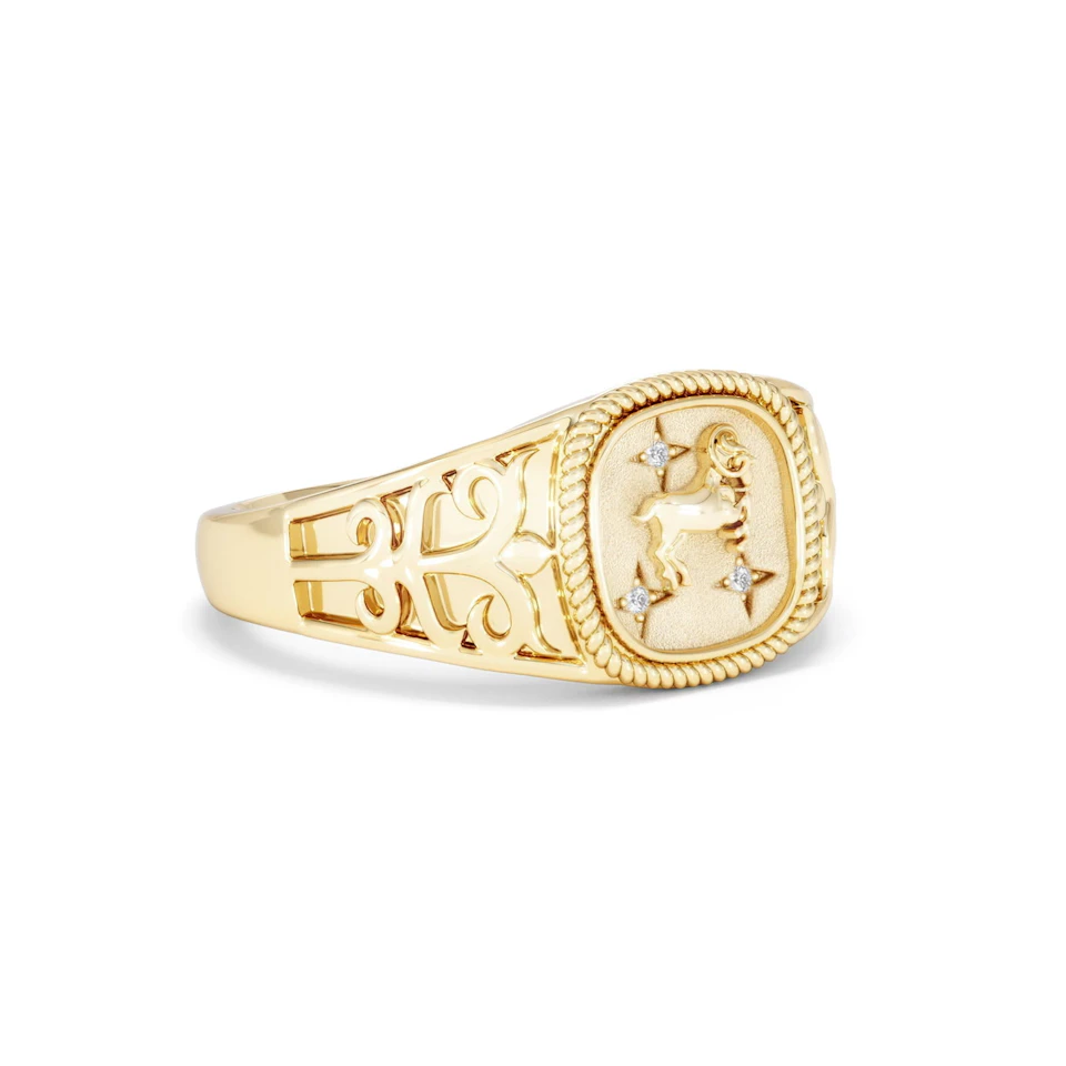 Aries Zodiac 0.01ct Lab Diamond Signet Ring in 18K Gold Vermeil