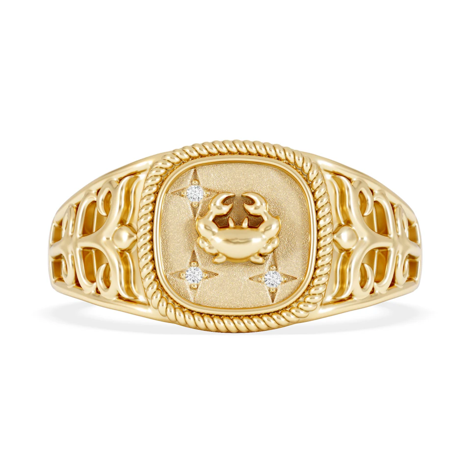 Cancer Zodiac 0.01ct Lab Diamond Signet Ring in 18K Gold Vermeil