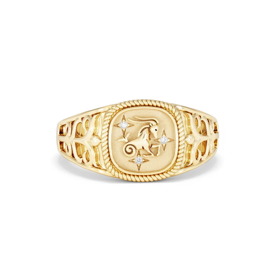 Capricorn Zodiac 0.01ct Lab Diamond Signet Ring in 18K Gold Vermeil