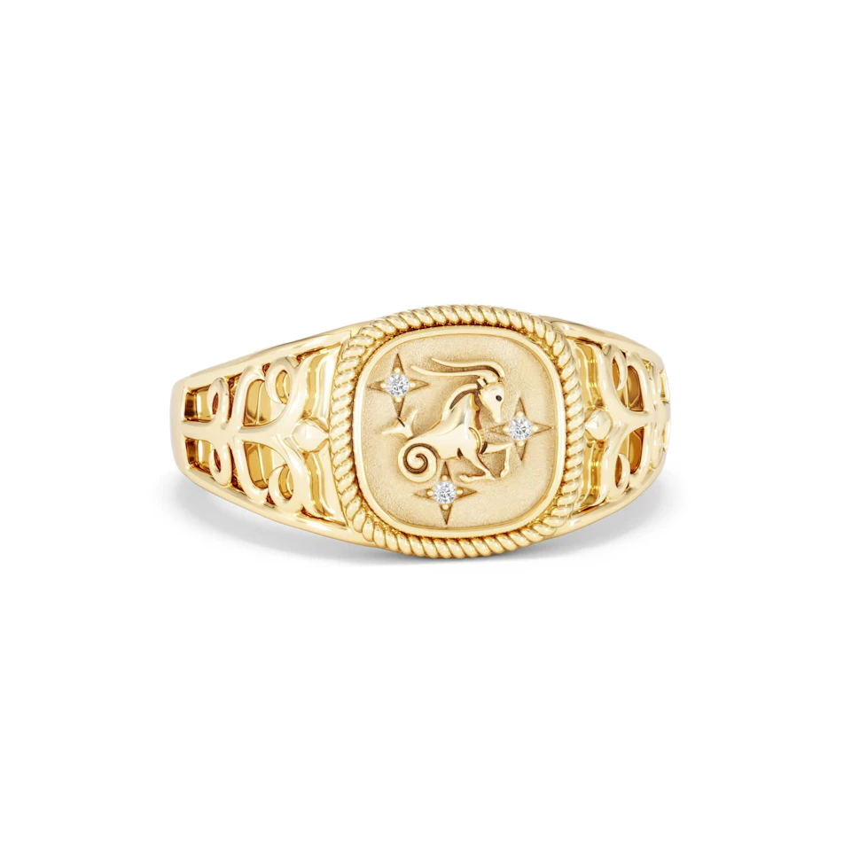 Capricorn Zodiac 0.01ct Lab Diamond Signet Ring in 18K Gold Vermeil
