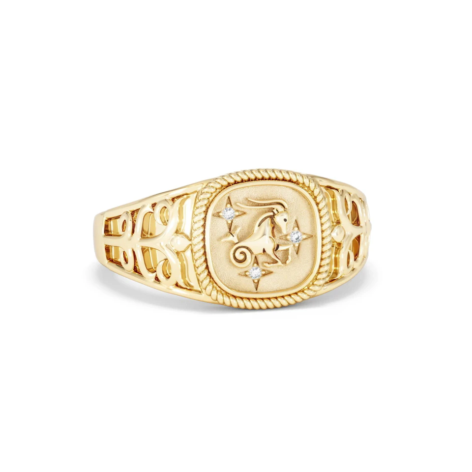 Capricorn Zodiac 0.01ct Lab Diamond Signet Ring in 18K Gold Vermeil