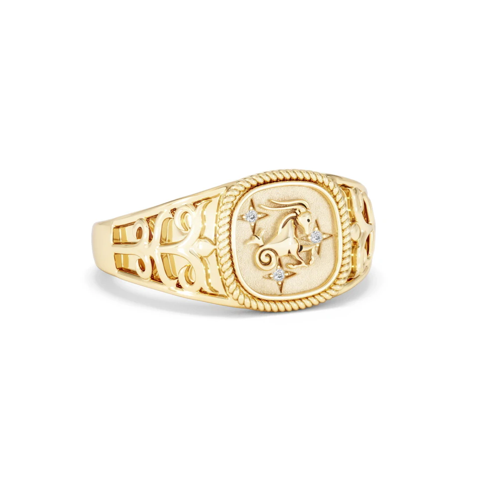 Capricorn Zodiac 0.01ct Lab Diamond Signet Ring in 18K Gold Vermeil