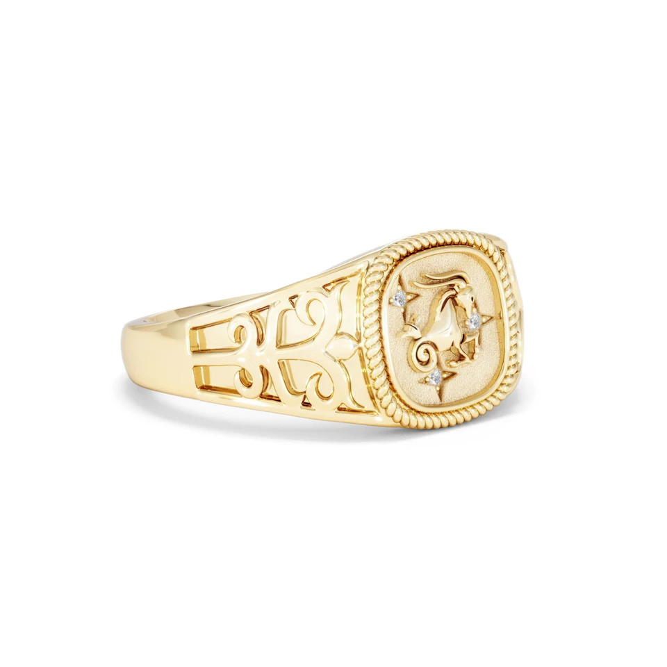 Capricorn Zodiac 0.01ct Lab Diamond Signet Ring in 18K Gold Vermeil