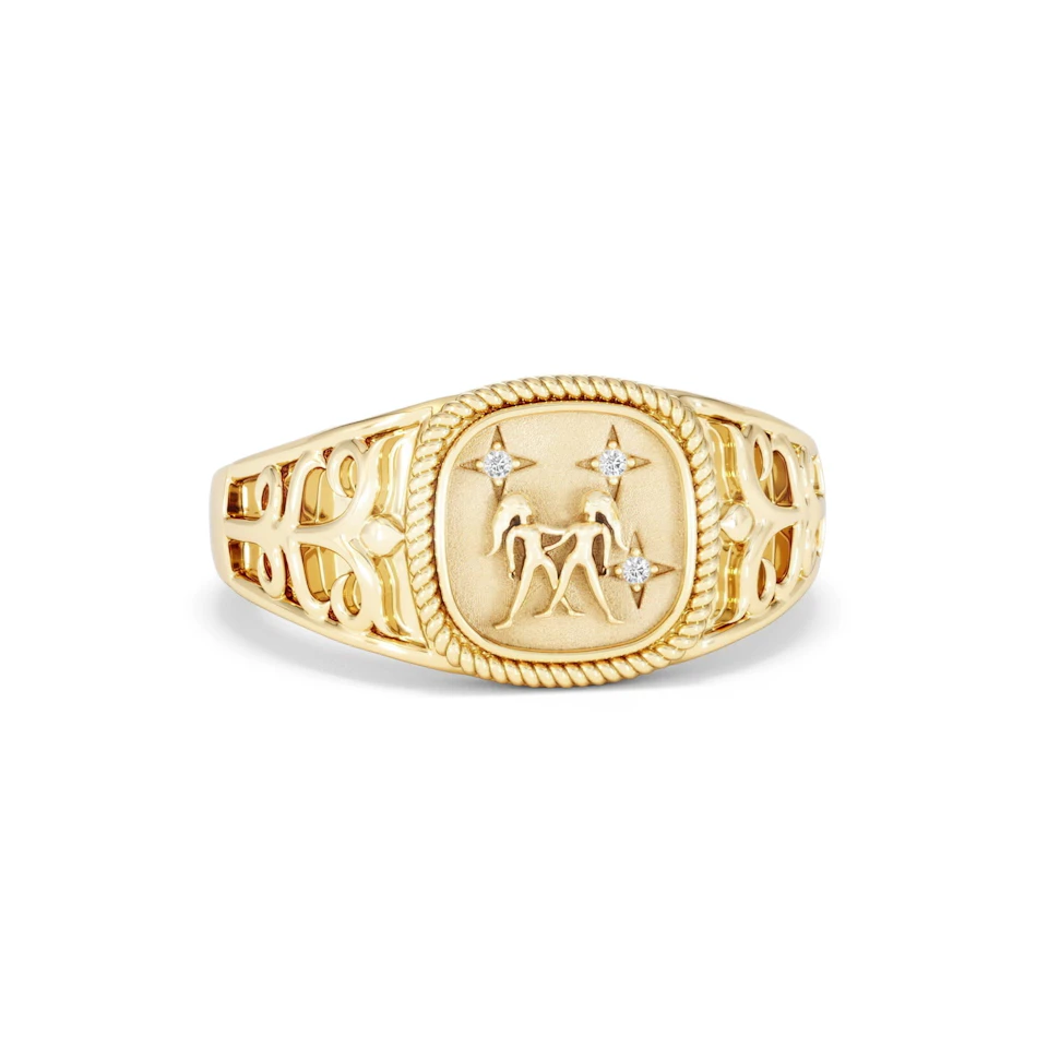 Gemini Zodiac 0.01ct Lab Diamond Signet Ring in 18K Gold Vermeil