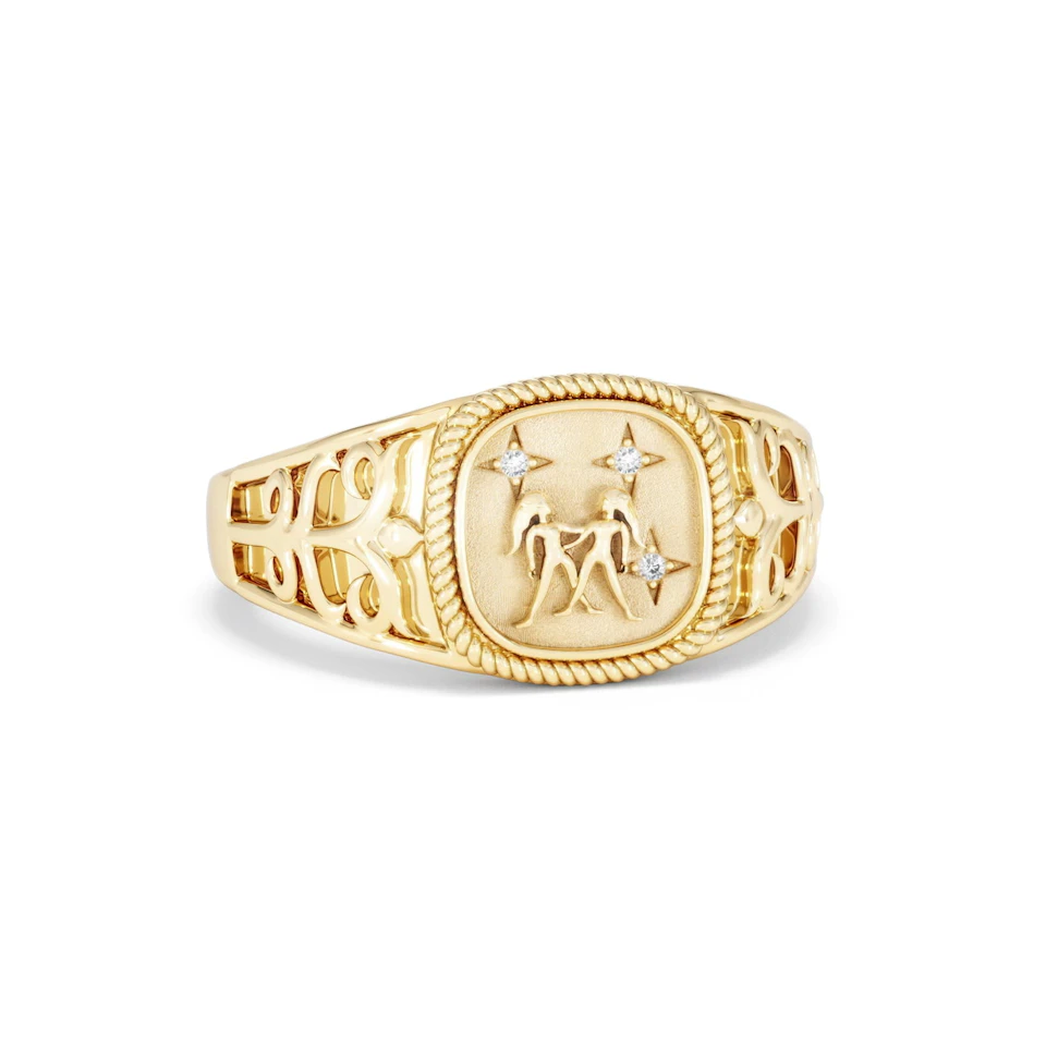 Gemini Zodiac 0.01ct Lab Diamond Signet Ring in 18K Gold Vermeil