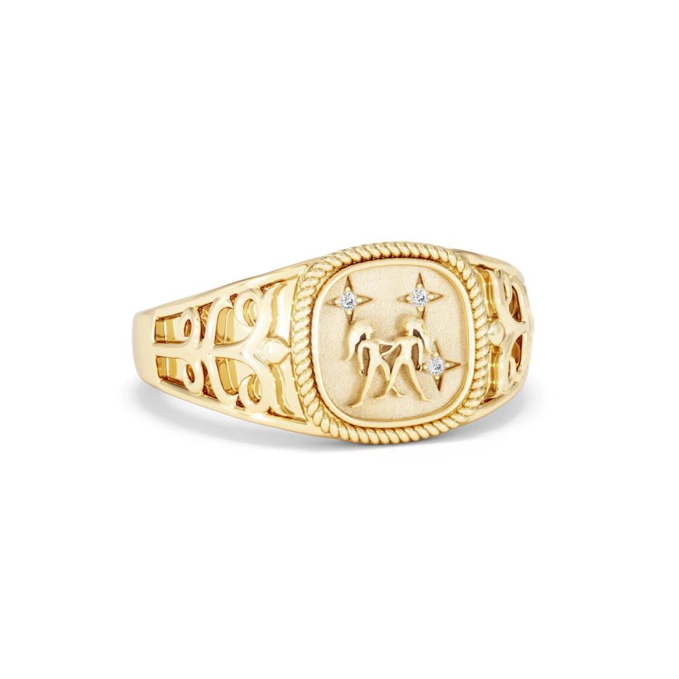 Gemini Zodiac 0.01ct Lab Diamond Signet Ring in 18K Gold Vermeil