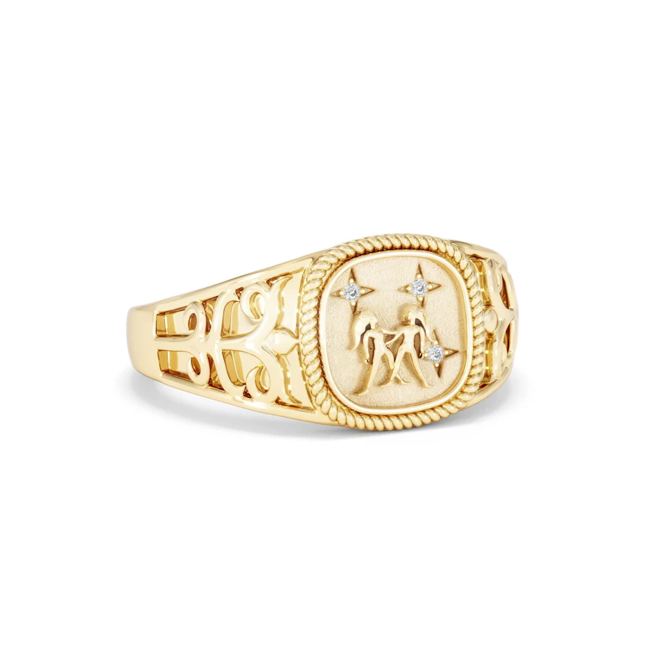 Gemini Zodiac 0.01ct Lab Diamond Signet Ring in 18K Gold Vermeil