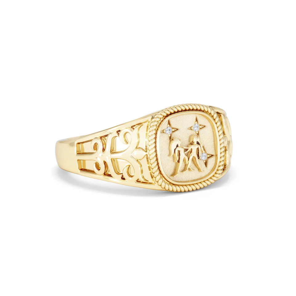 Gemini Zodiac 0.01ct Lab Diamond Signet Ring in 18K Gold Vermeil