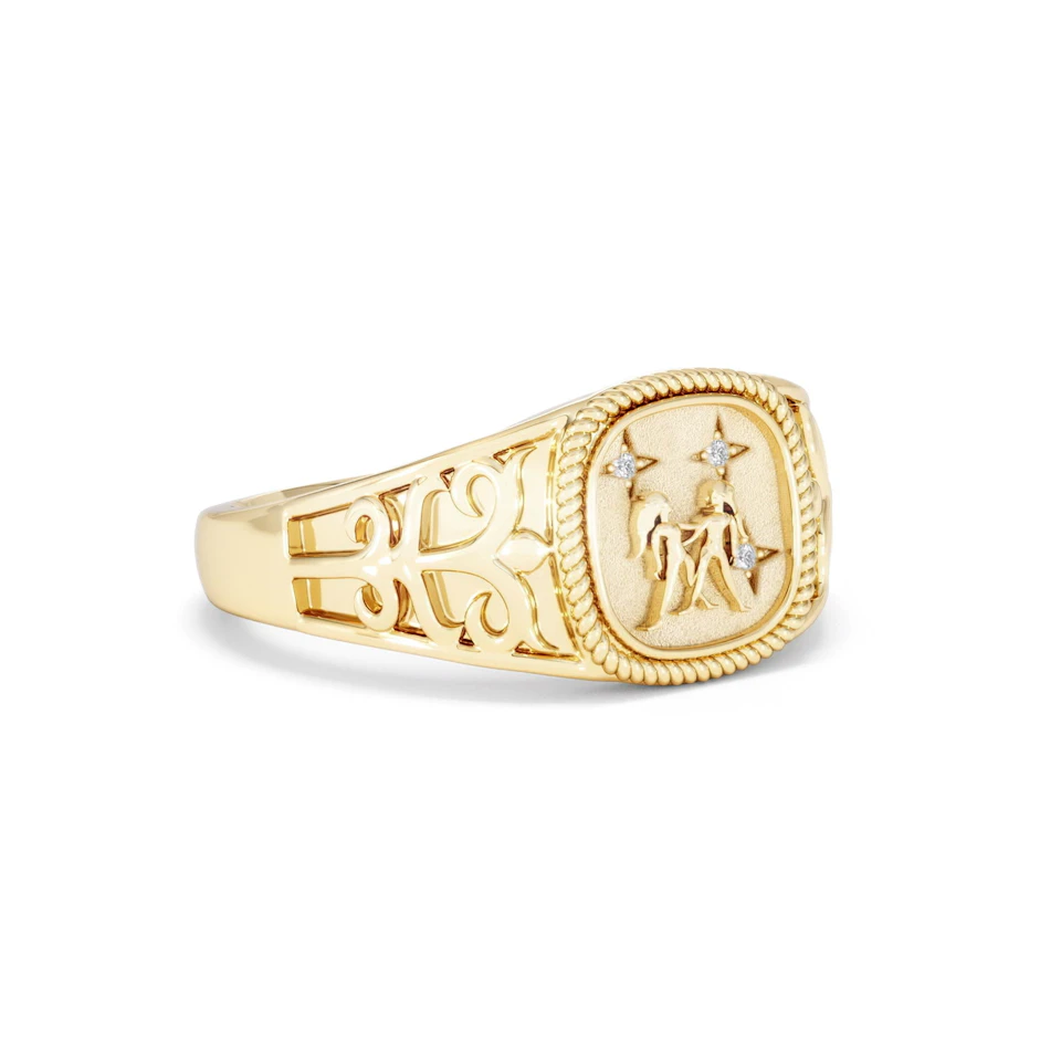 Gemini Zodiac 0.01ct Lab Diamond Signet Ring in 18K Gold Vermeil