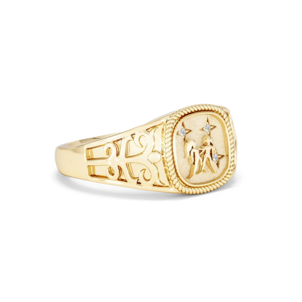Gemini Zodiac 0.01ct Lab Diamond Signet Ring in 18K Gold Vermeil