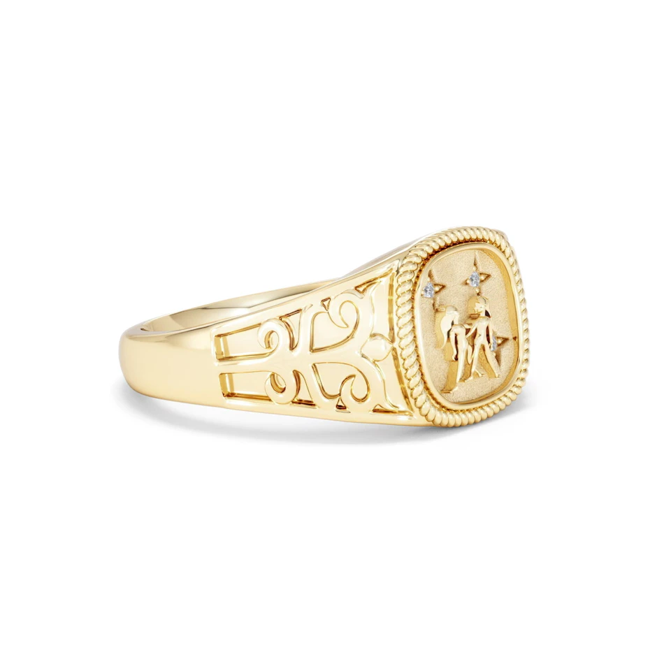 Gemini Zodiac 0.01ct Lab Diamond Signet Ring in 18K Gold Vermeil