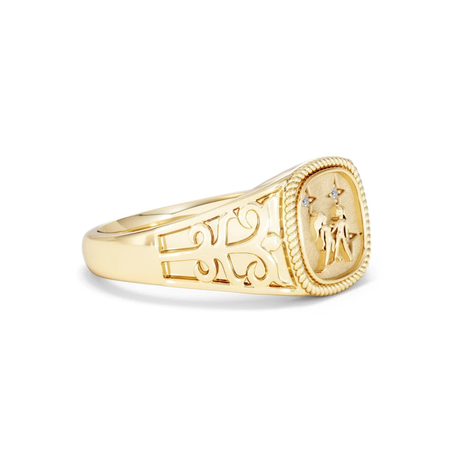 Gemini Zodiac 0.01ct Lab Diamond Signet Ring in 18K Gold Vermeil