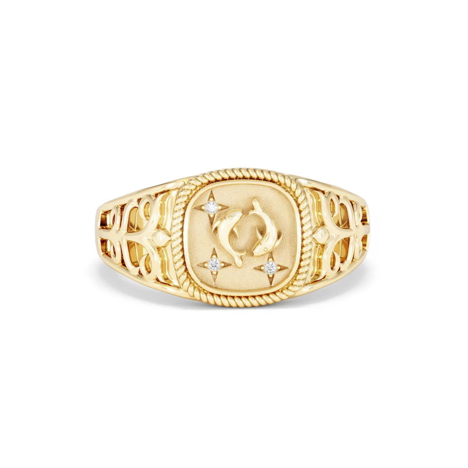 Pisces Zodiac 0.01ct Lab Diamond Signet Ring in 18K Gold Vermeil