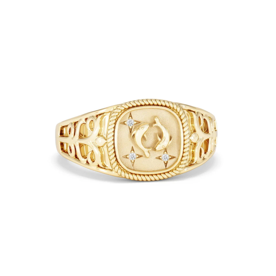 Pisces Zodiac 0.01ct Lab Diamond Signet Ring in 18K Gold Vermeil
