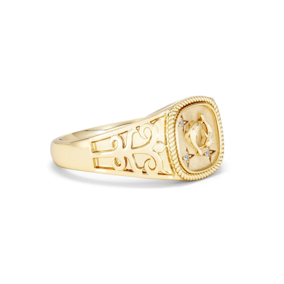 Pisces Zodiac 0.01ct Lab Diamond Signet Ring in 18K Gold Vermeil