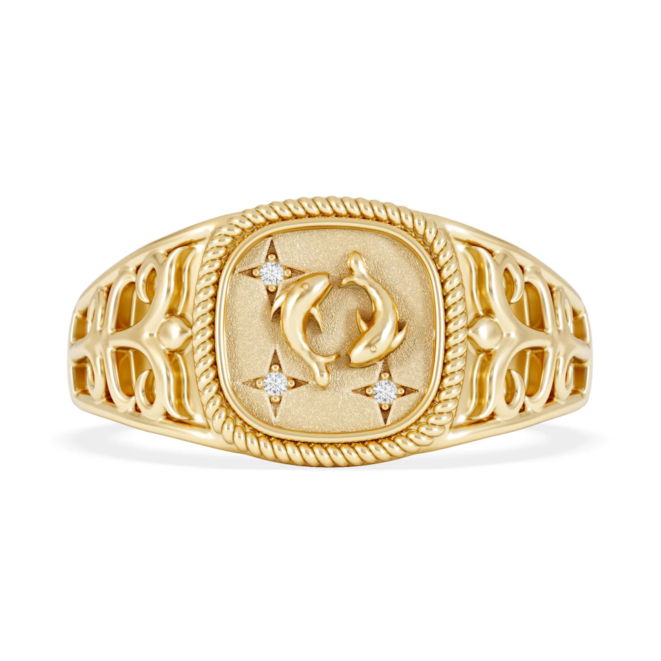 Pisces Zodiac 0.01ct Lab Diamond Signet Ring in 18K Gold Vermeil
