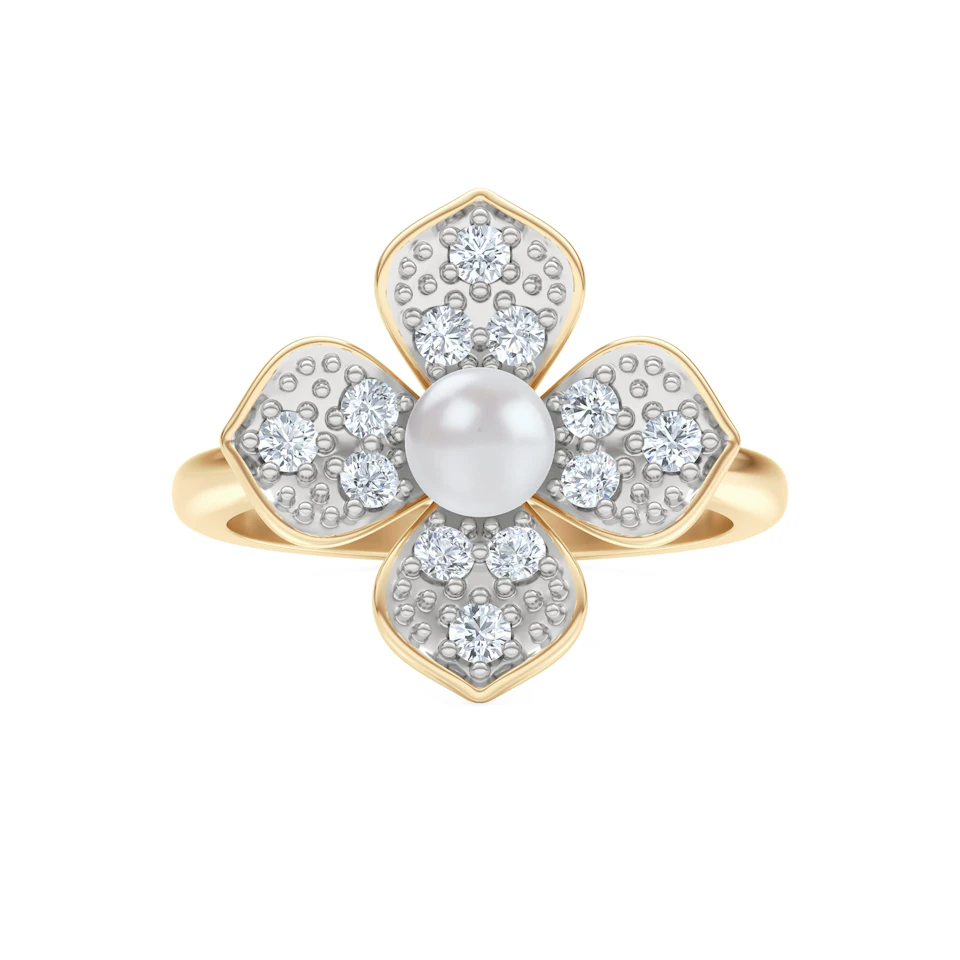 Eden 0.70ct Round Pearl and Lab Diamond Floral Ring in 18K Gold Vermeil