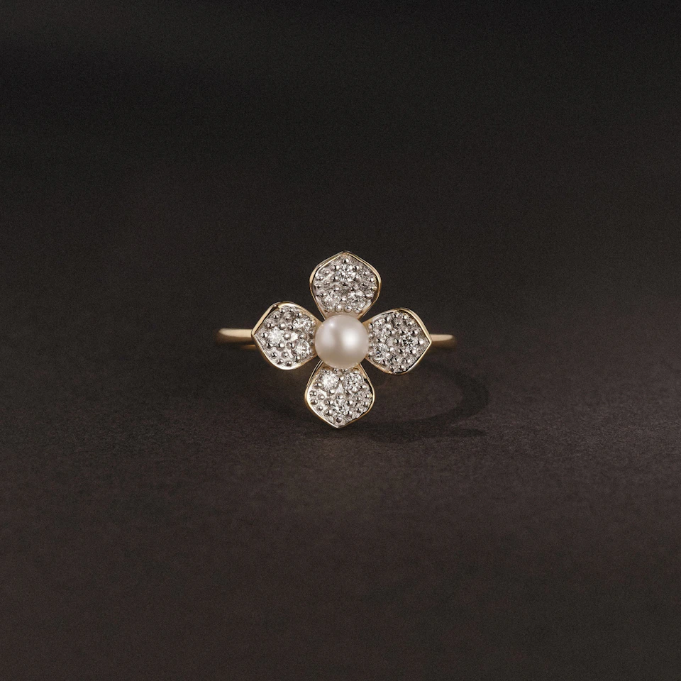 Eden 0.70ct Round Pearl and Lab Diamond Floral Ring in 18K Gold Vermeil