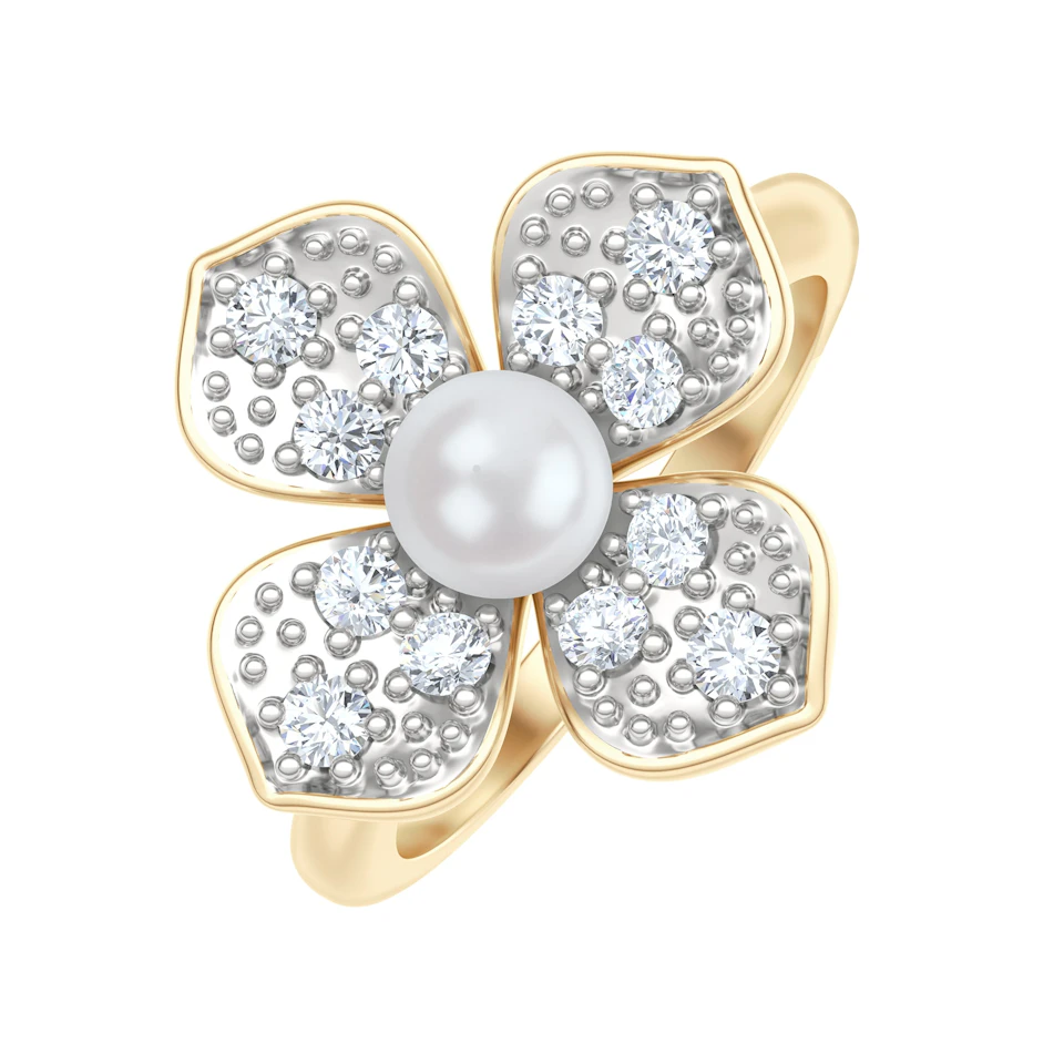 Eden 0.70ct Round Pearl and Lab Diamond Floral Ring in 18K Gold Vermeil