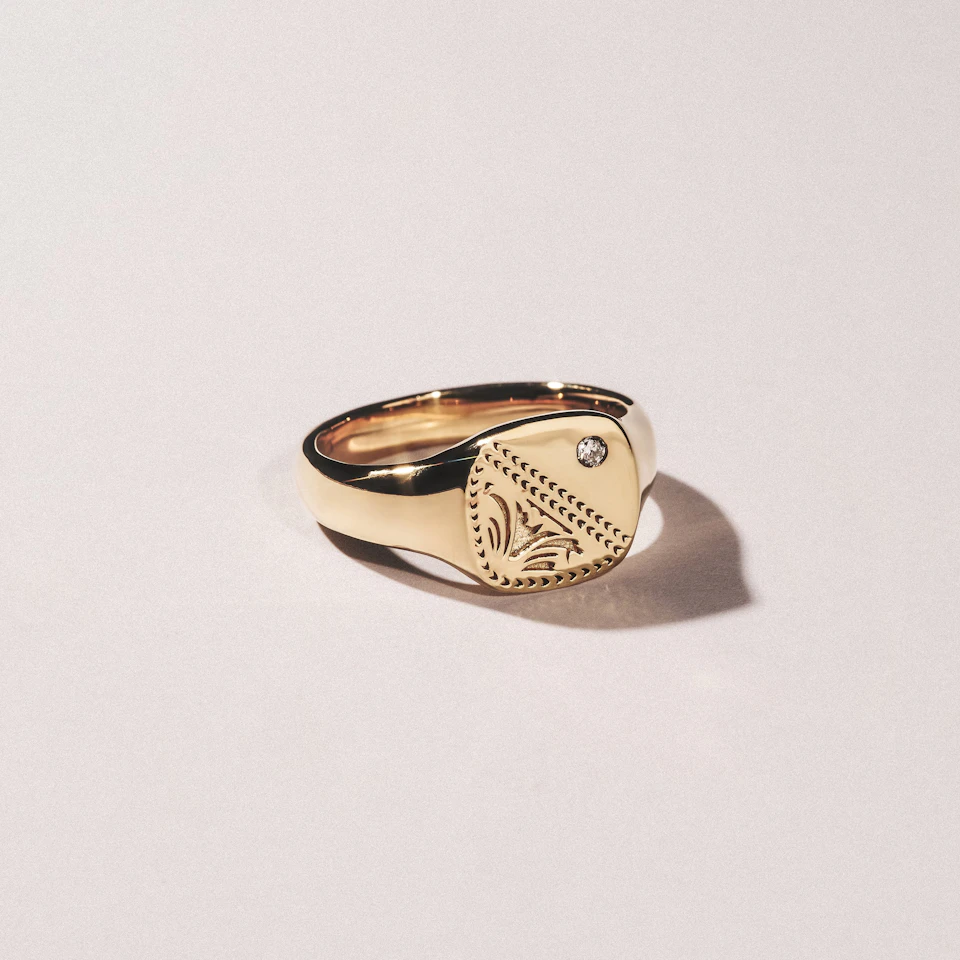 Crest 0.03ct Lab Diamond Men's Square Signet Ring in 18K Yellow Gold Vermeil