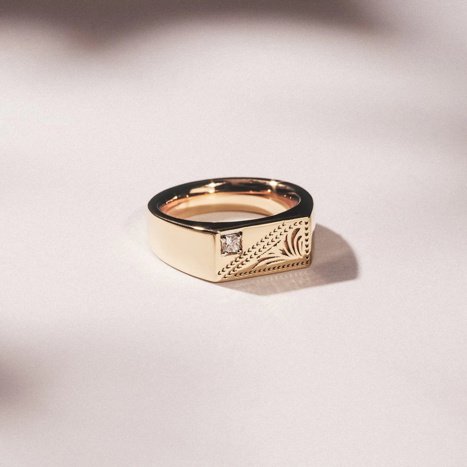 Crest 0.03ct Lab Diamond Men's Rectangle Signet Ring in 18K Yellow Gold Vermeil