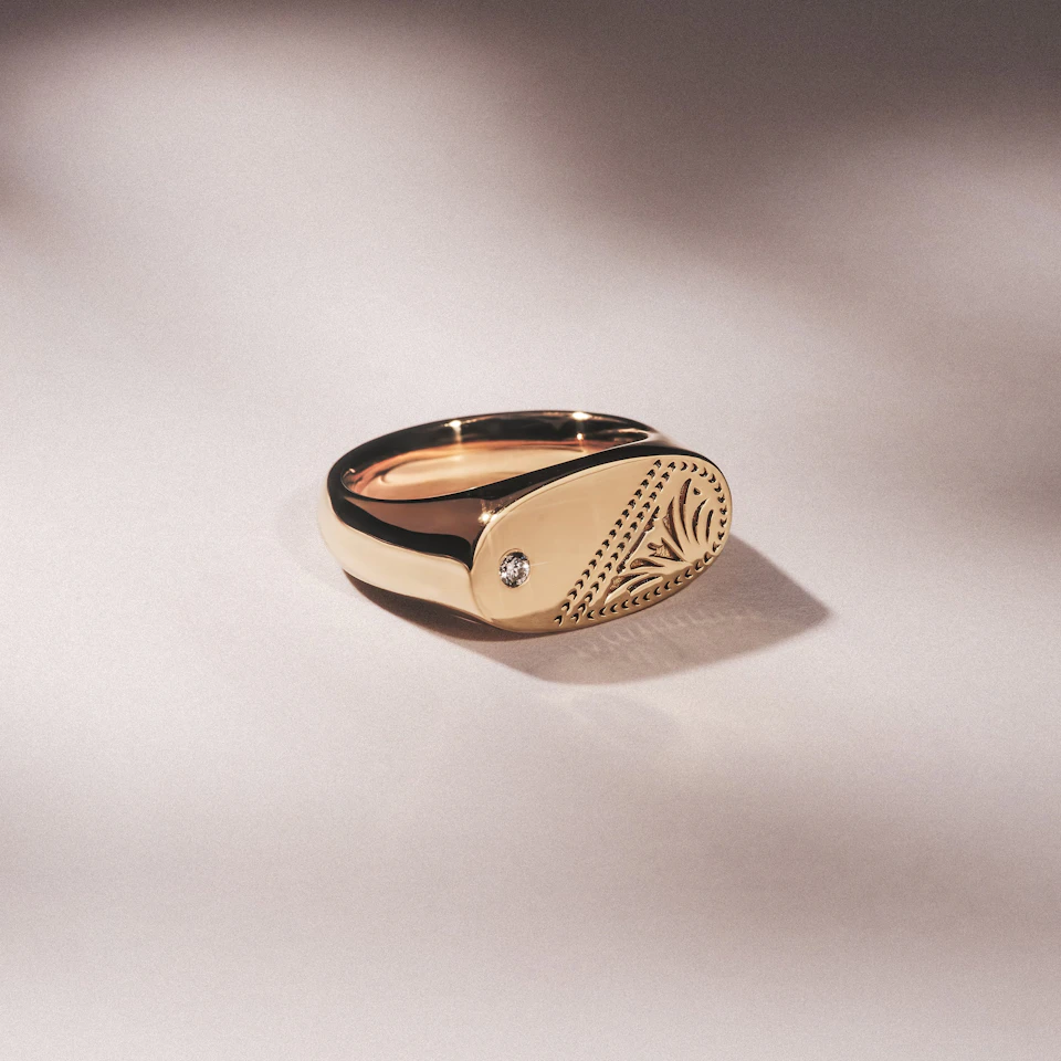 Crest 0.03ct Lab Diamond Men's Oblong Signet Ring in 18K Yellow Gold Vermeil