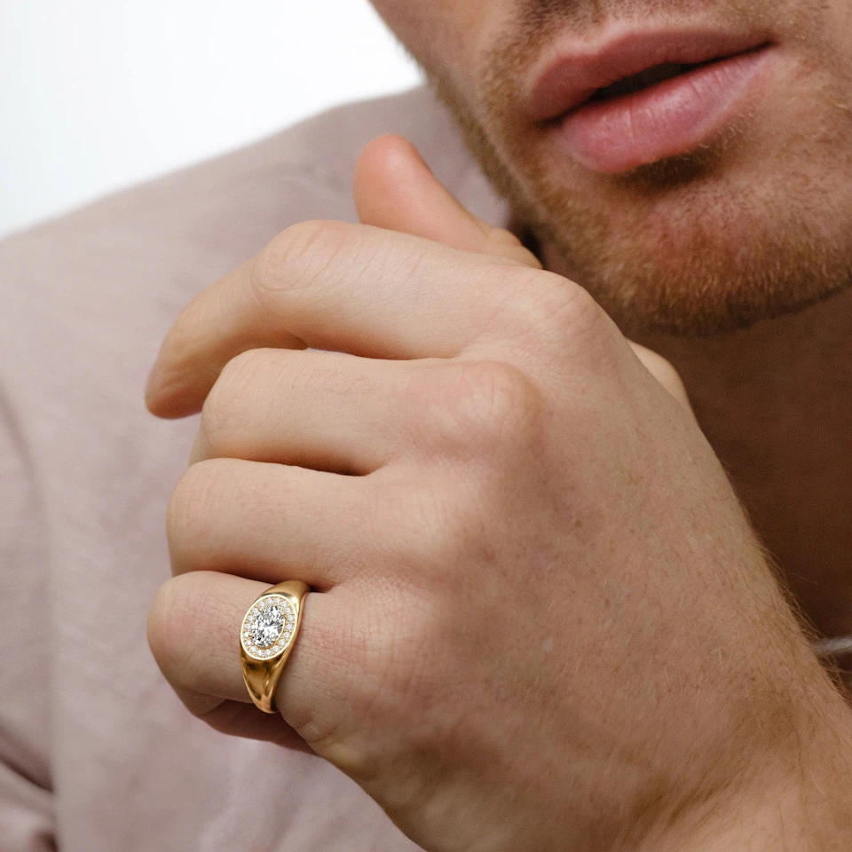 Men’s 0.62ct Oval Cut Lab Diamond Halo Signet Ring in 18k Gold Vermeil