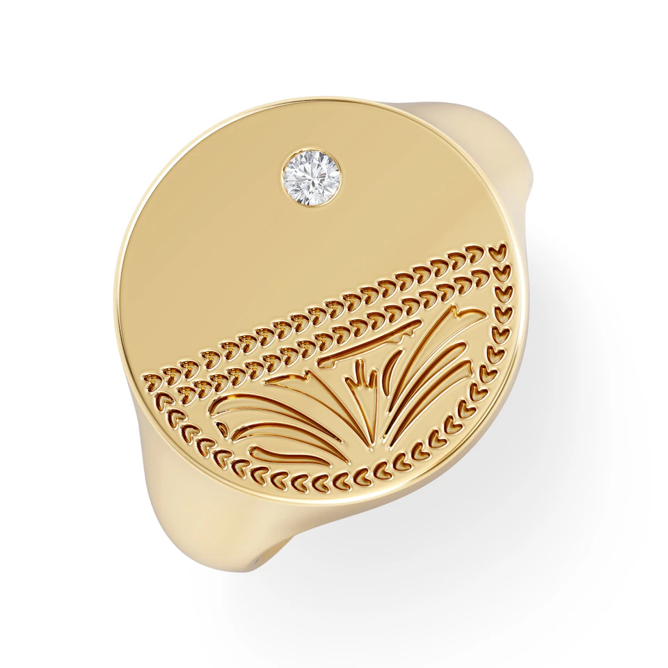 Crest 0.03ct Lab Diamond Men's Round Signet Ring in 18K Yellow Gold Vermeil