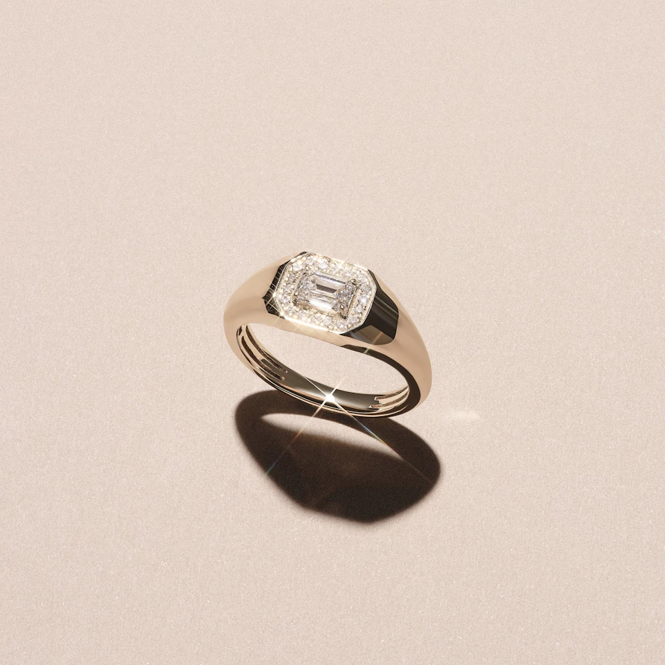 Men’s 0.62ct Emerald Cut Lab Diamond Halo Signet Ring in 18k Gold Vermeil