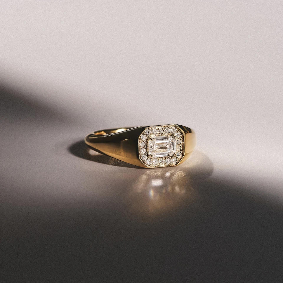 Men’s 0.62ct Emerald Cut Lab Diamond Halo Signet Ring in 18k Gold Vermeil
