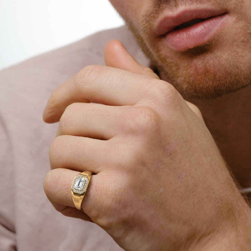 Men’s 0.62ct Emerald Cut Lab Diamond Halo Signet Ring in 18k Gold Vermeil
