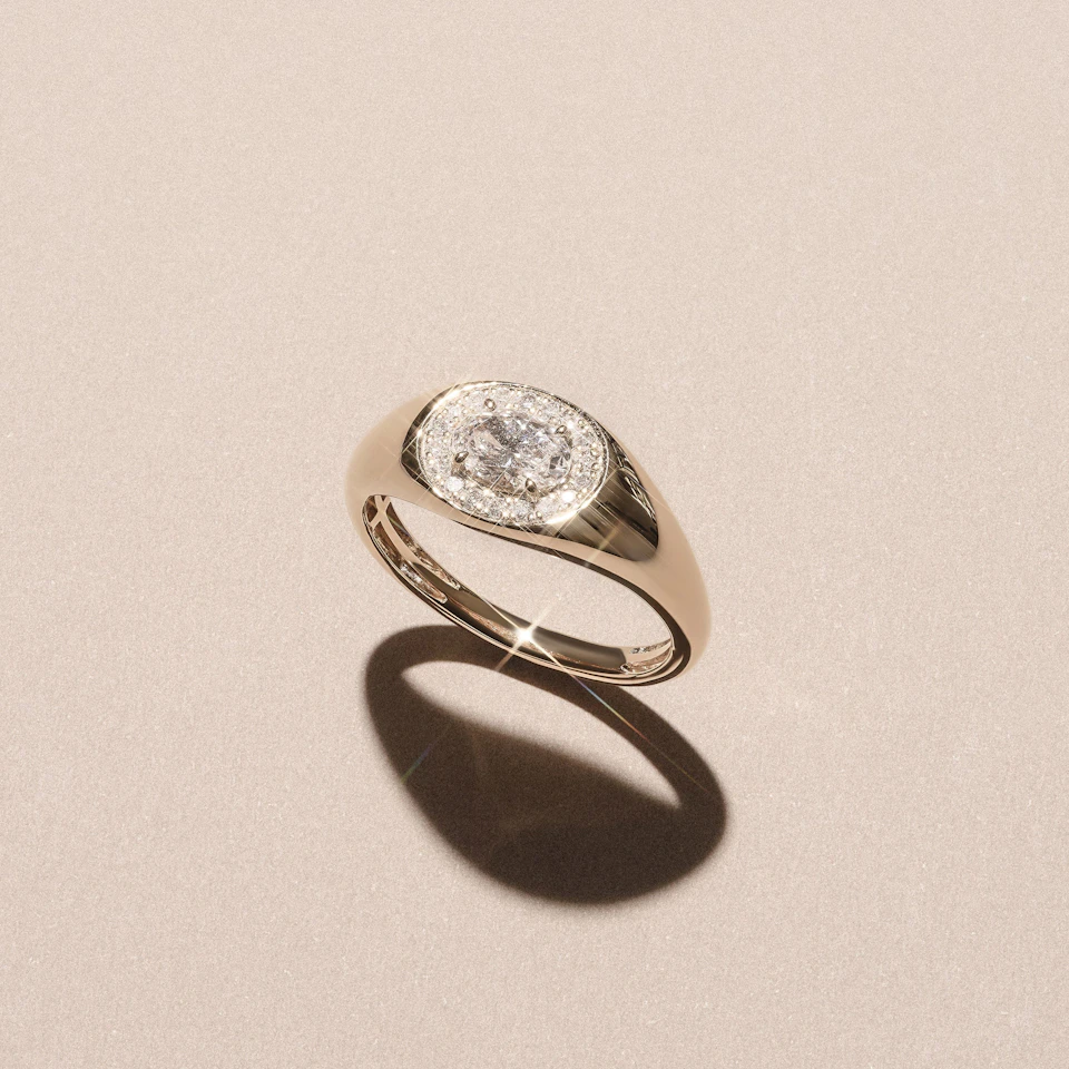 Men’s 0.62ct Oval Cut Lab Diamond Halo Signet Ring in 18k Gold Vermeil