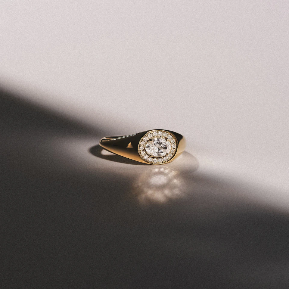 Men’s 0.62ct Oval Cut Lab Diamond Halo Signet Ring in 18k Gold Vermeil