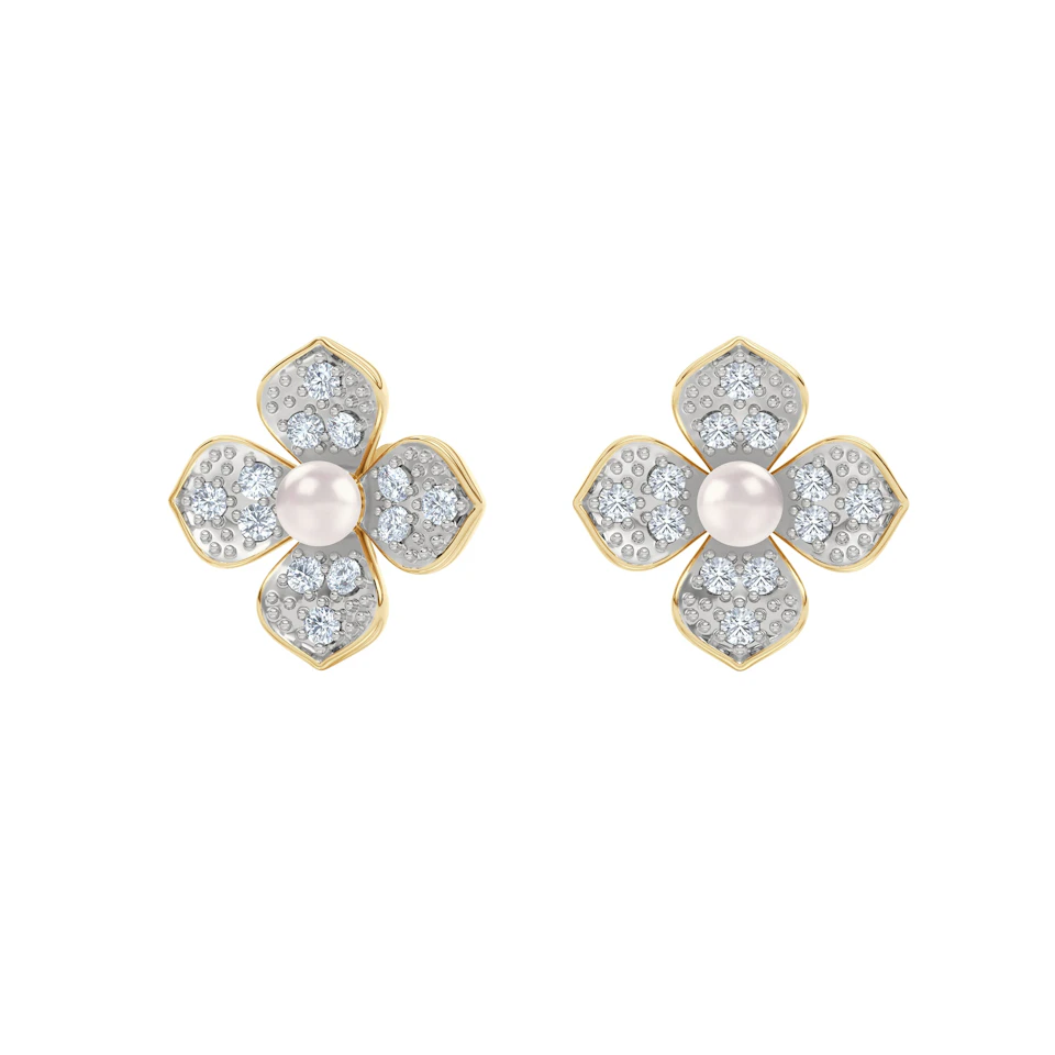 Eden 0.70ct Round Pearl and Lab Diamond Floral Stud Earrings in 18K Gold Vermeil