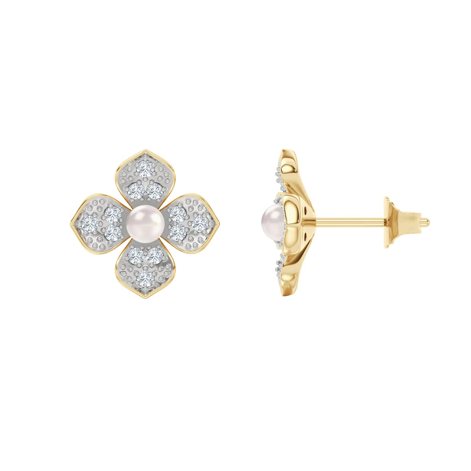 Eden 0.70ct Round Pearl and Lab Diamond Floral Stud Earrings in 18K Gold Vermeil
