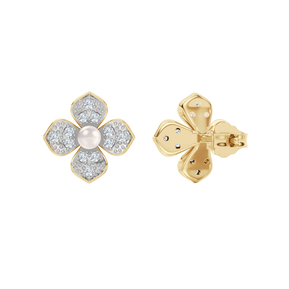 Eden 0.70ct Round Pearl and Lab Diamond Floral Stud Earrings in 18K Gold Vermeil