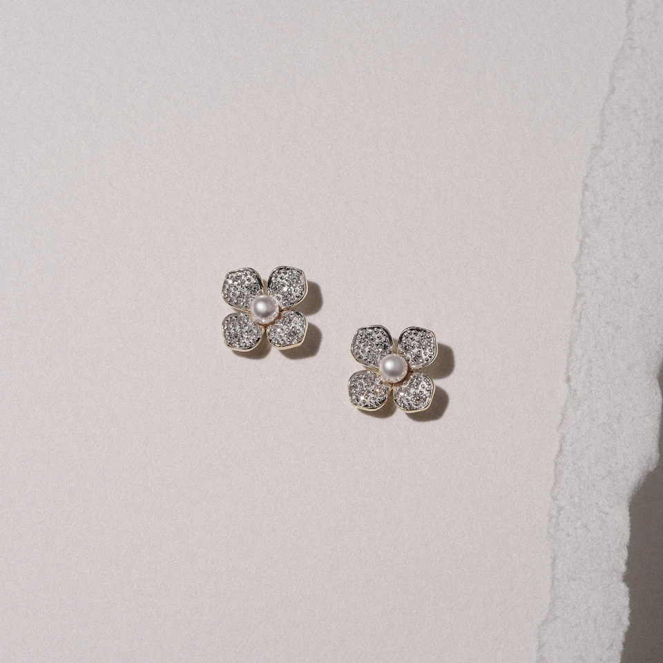Eden 0.70ct Round Pearl and Lab Diamond Floral Stud Earrings in 18K Gold Vermeil