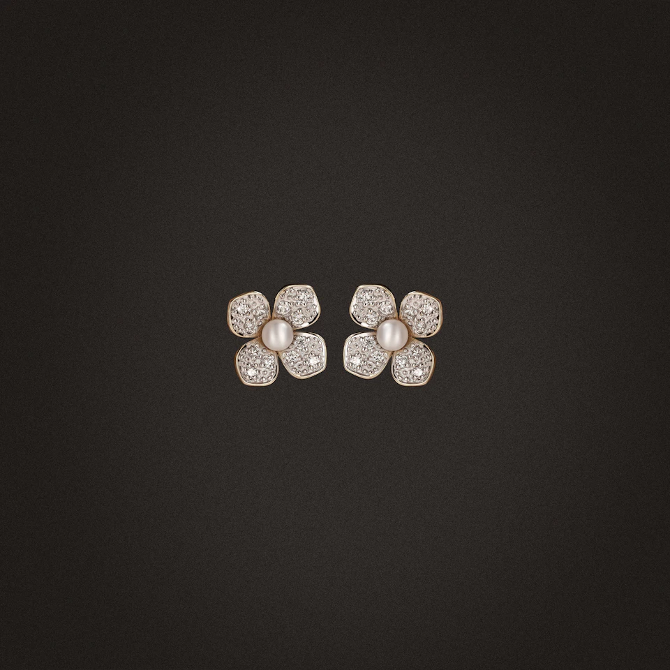 Eden 0.70ct Round Pearl and Lab Diamond Floral Stud Earrings in 18K Gold Vermeil