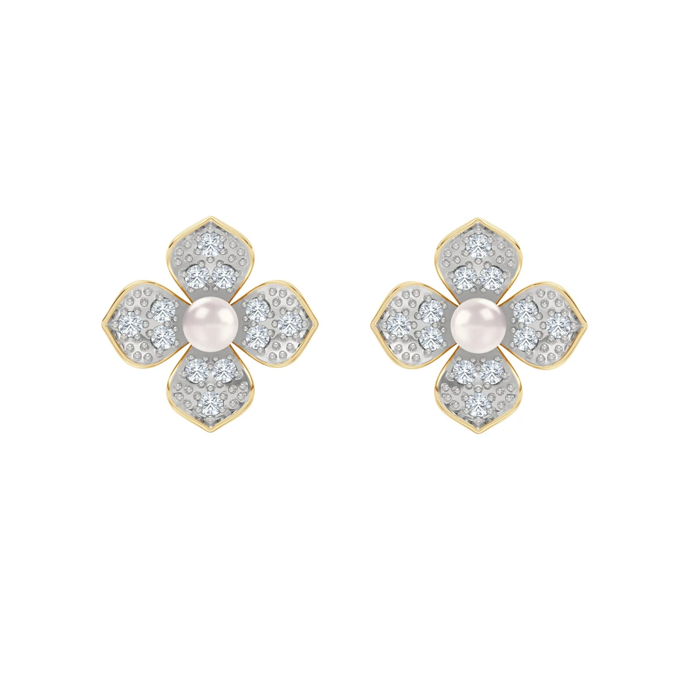 Eden 0.70ct Round Pearl and Lab Diamond Floral Stud Earrings in 18K Gold Vermeil
