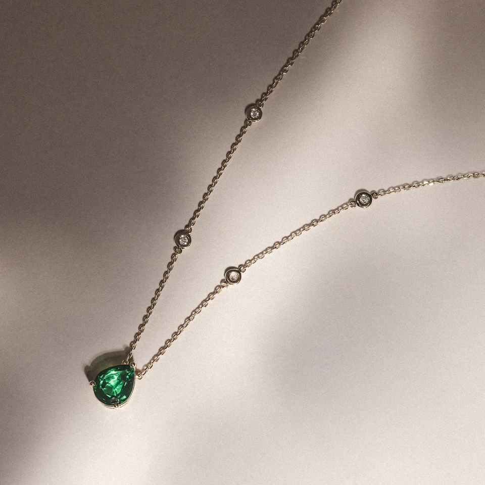 Astra 2.40ct Lab Emerald and Diamond Solitaire Pear Cut Necklace in 18K Gold Vermeil