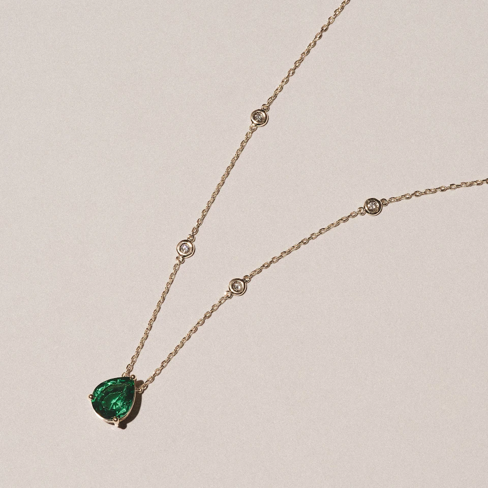 Astra 2.40ct Lab Emerald and Diamond Solitaire Pear Cut Necklace in 18K Gold Vermeil
