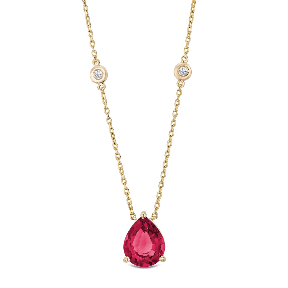 Astra 3.50ct Lab Ruby and Diamond Solitaire Pear Cut Necklace in 18K Gold Vermeil