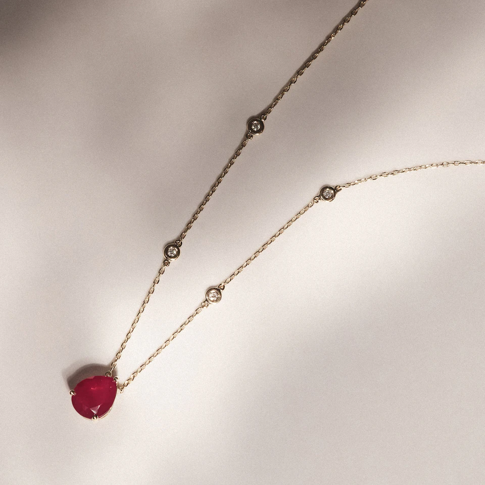 Astra 3.50ct Lab Ruby and Diamond Solitaire Pear Cut Necklace in 18K Gold Vermeil