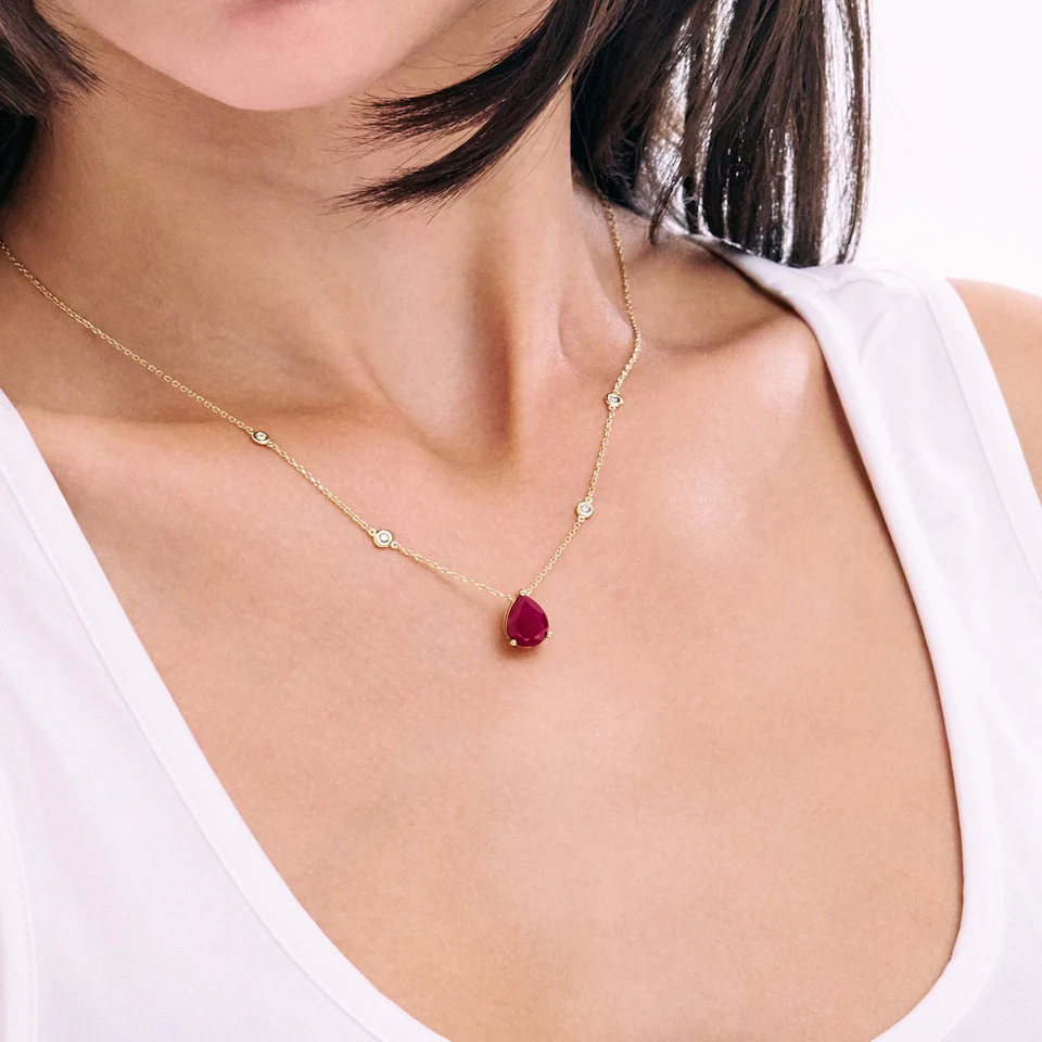 Astra 3.50ct Lab Ruby and Diamond Solitaire Pear Cut Necklace in 18K Gold Vermeil