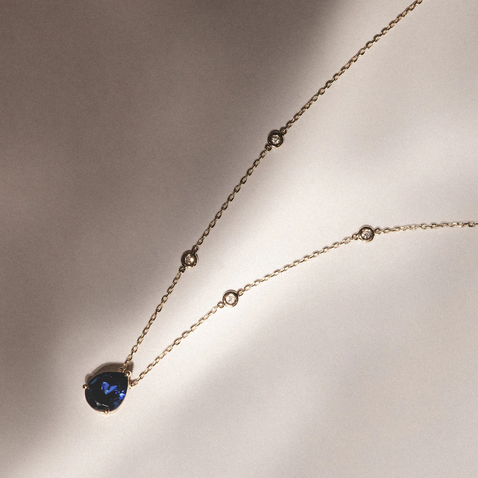 Astra 3.20ct Lab Sapphire and Diamond Solitaire Pear Cut Necklace in 18K Gold Vermeil
