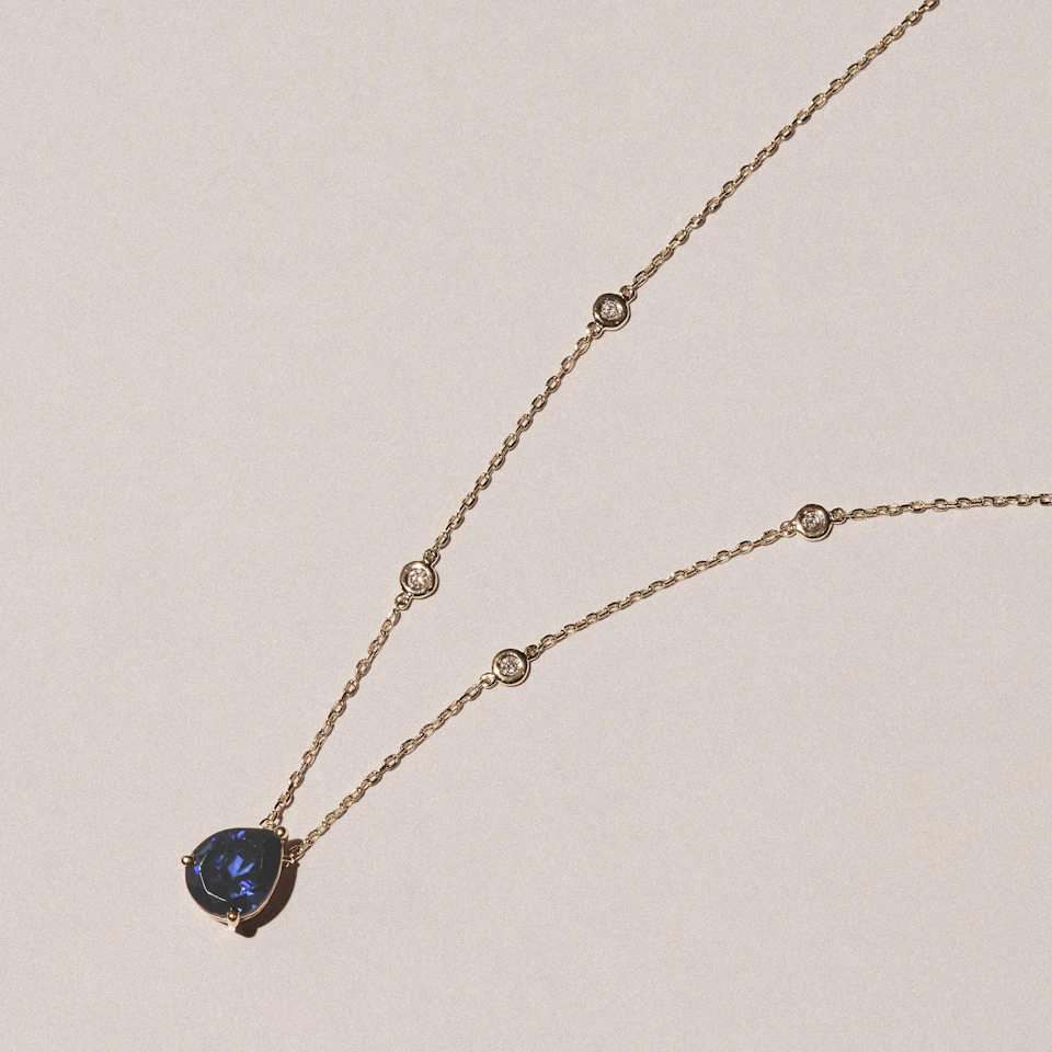Astra 3.20ct Lab Sapphire and Diamond Solitaire Pear Cut Necklace in 18K Gold Vermeil